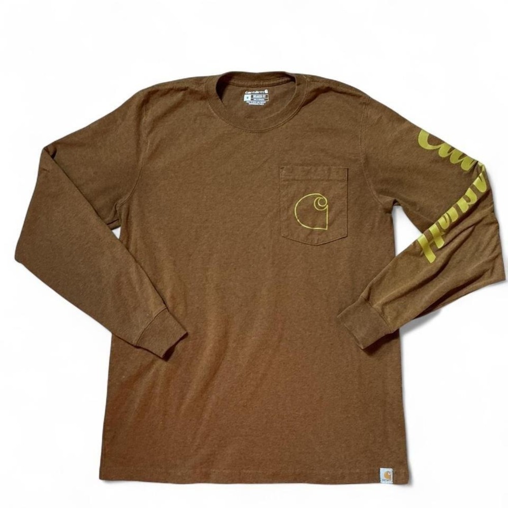 Carhartt Long Sleeve‎ T Shirt Relaxed Fit Pocket Logo Brown Size M